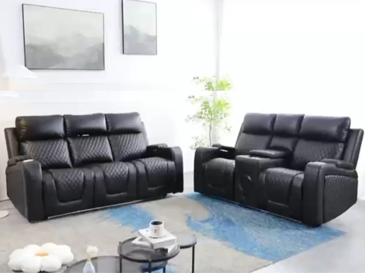 Boston Electric Recliner 3+2 Sofa Set in Grey and Black Aire Leather