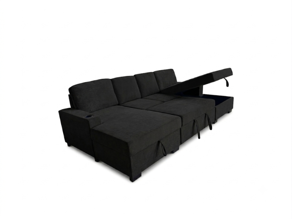Black Chenille U Shape Sofa Bed with Storage