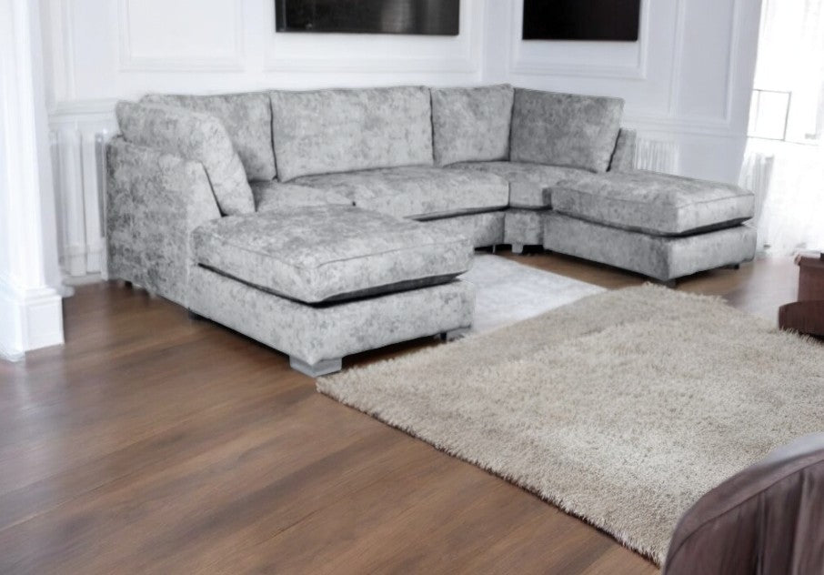 Brixton Full Back U Shape Corner Sofa Silver Luxury Chenille