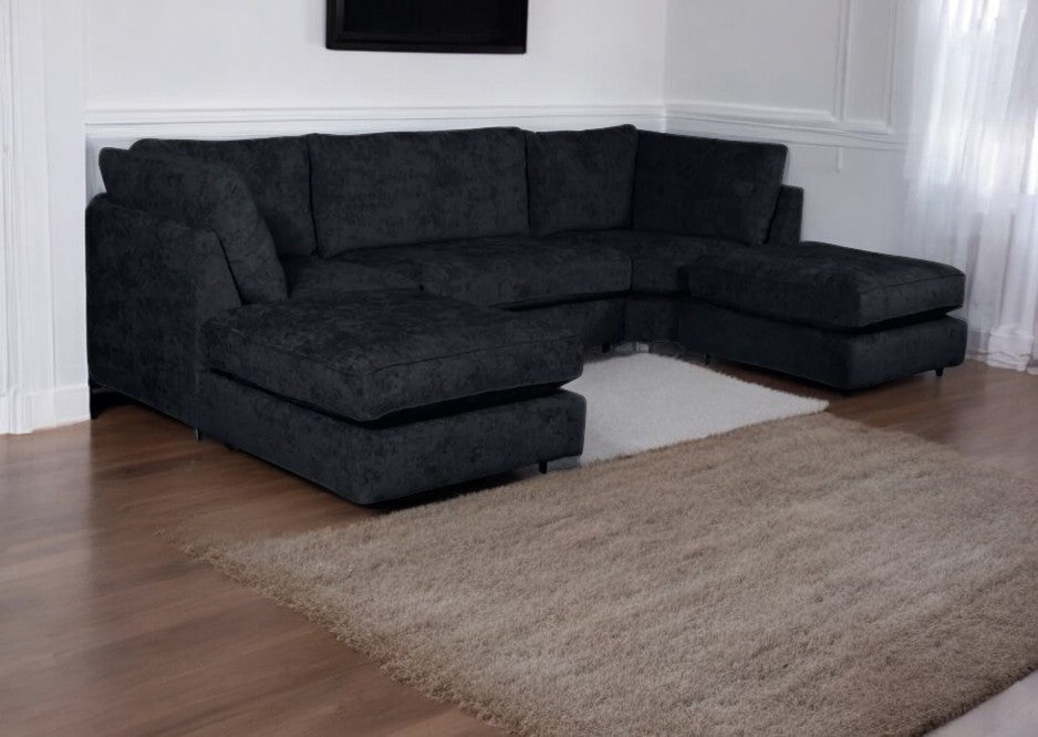 Brixton Full Back U Shape Corner Sofa Black Luxury Chenille