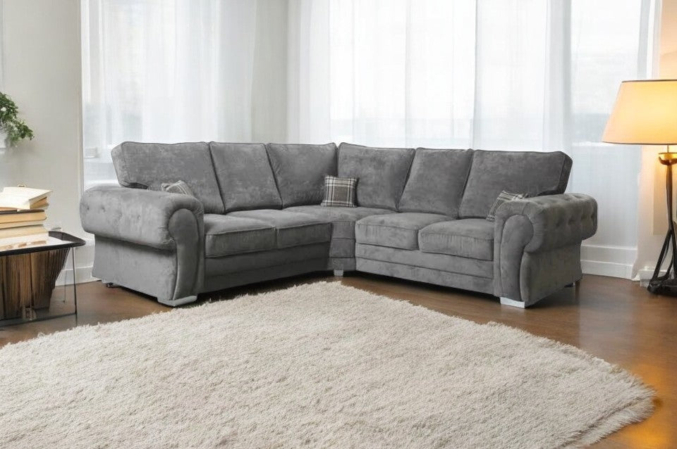 Vegas Full Back Grey Fabric 6 Seater Corner Sofa