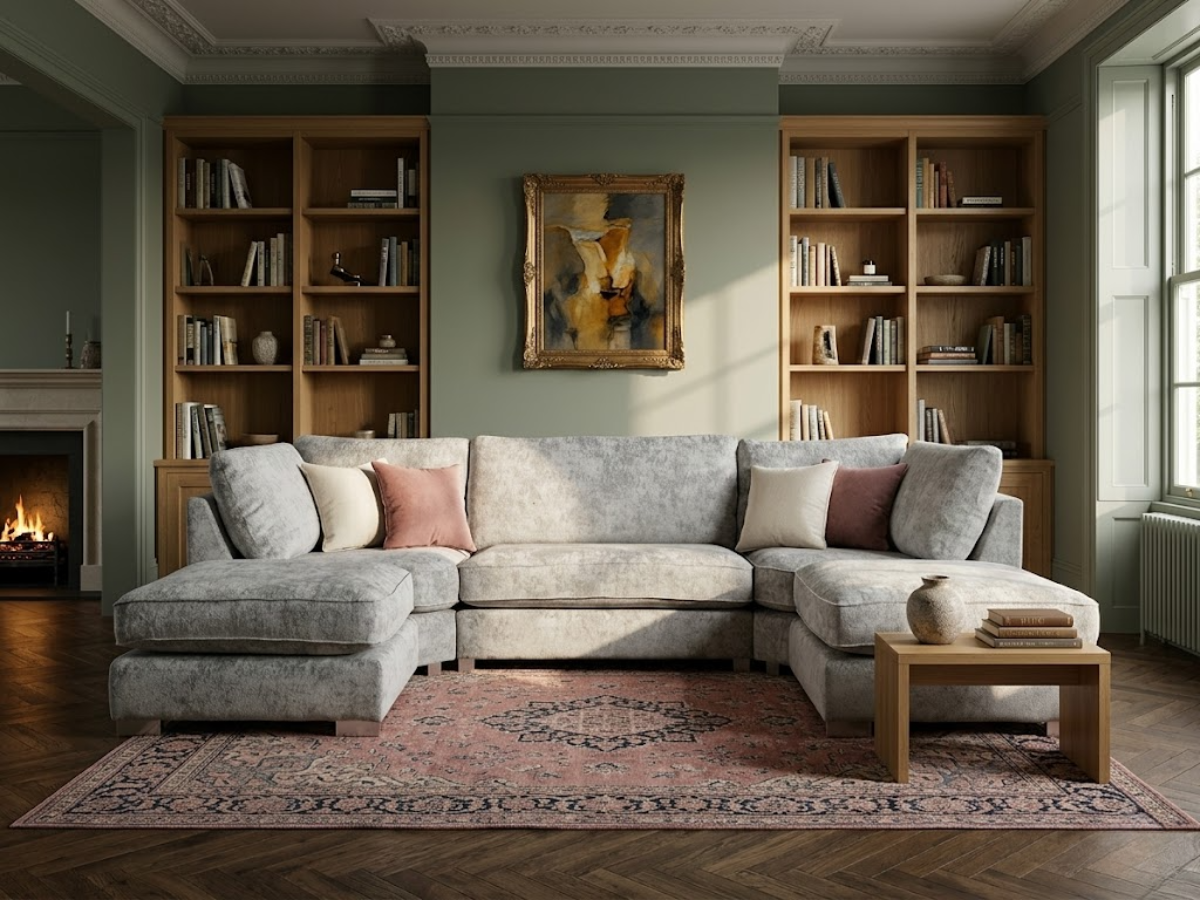 Brixton Full Back U Shape Corner Sofa Silver Luxury Chenille