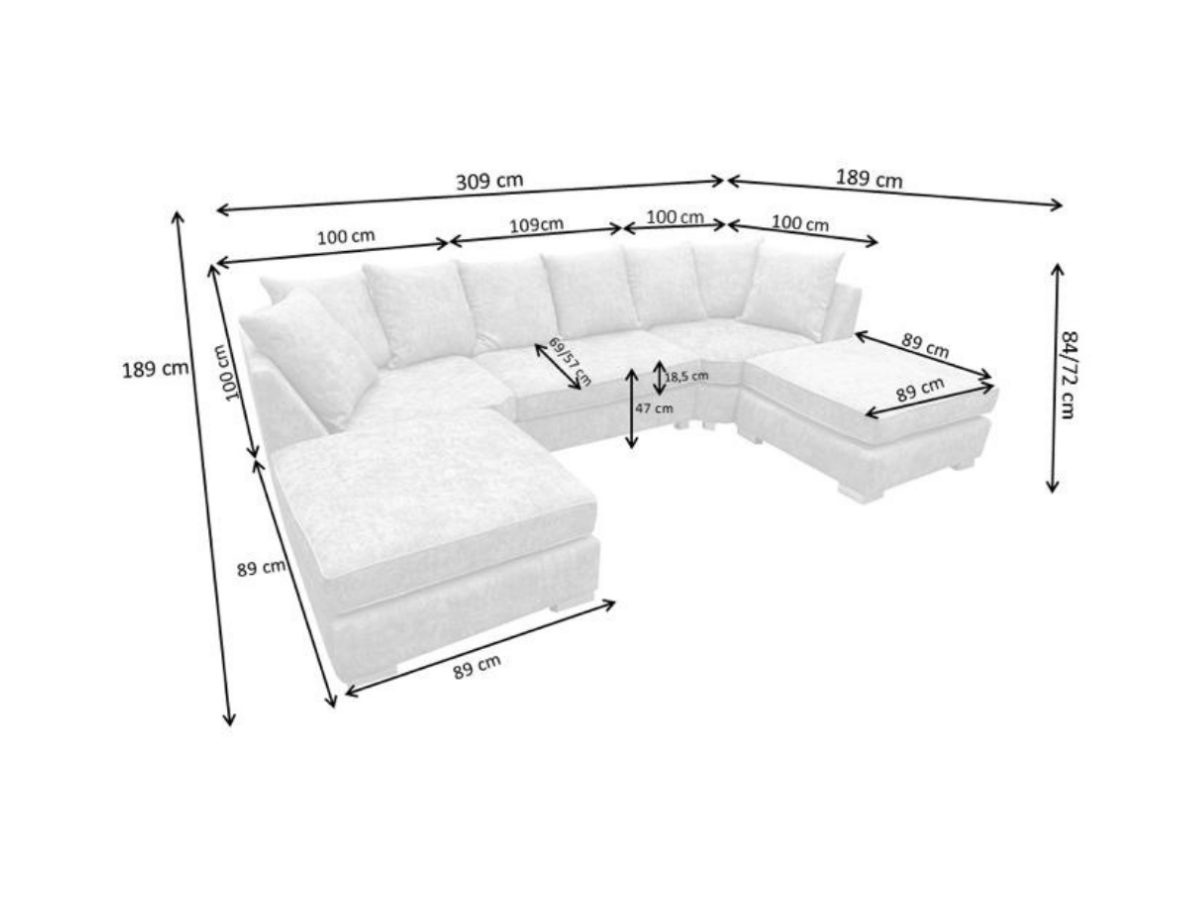 London U Shape Corner in Black Luxury Chenille