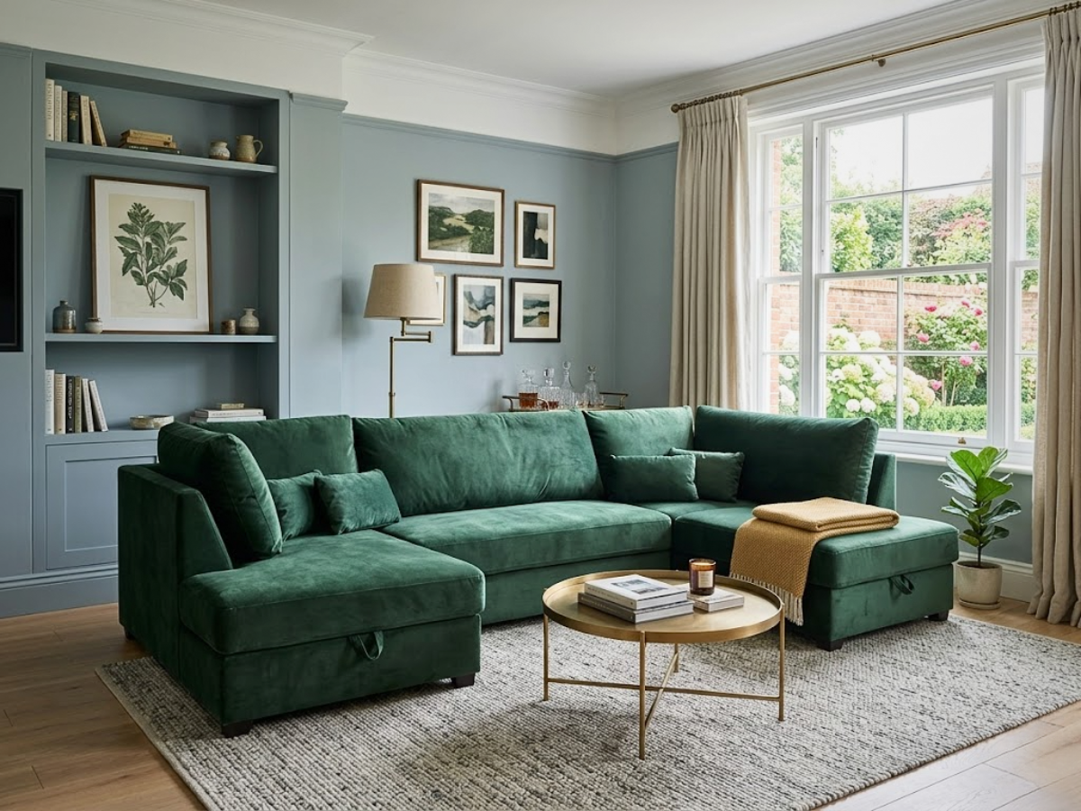 Meri U Shape Sofa Bed with Storage Emerald Green Plush Velvet