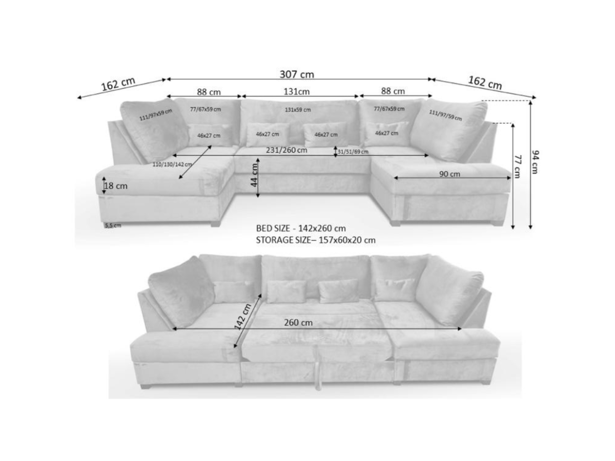 Meri U Shaped Sofa Bed with Measurements
