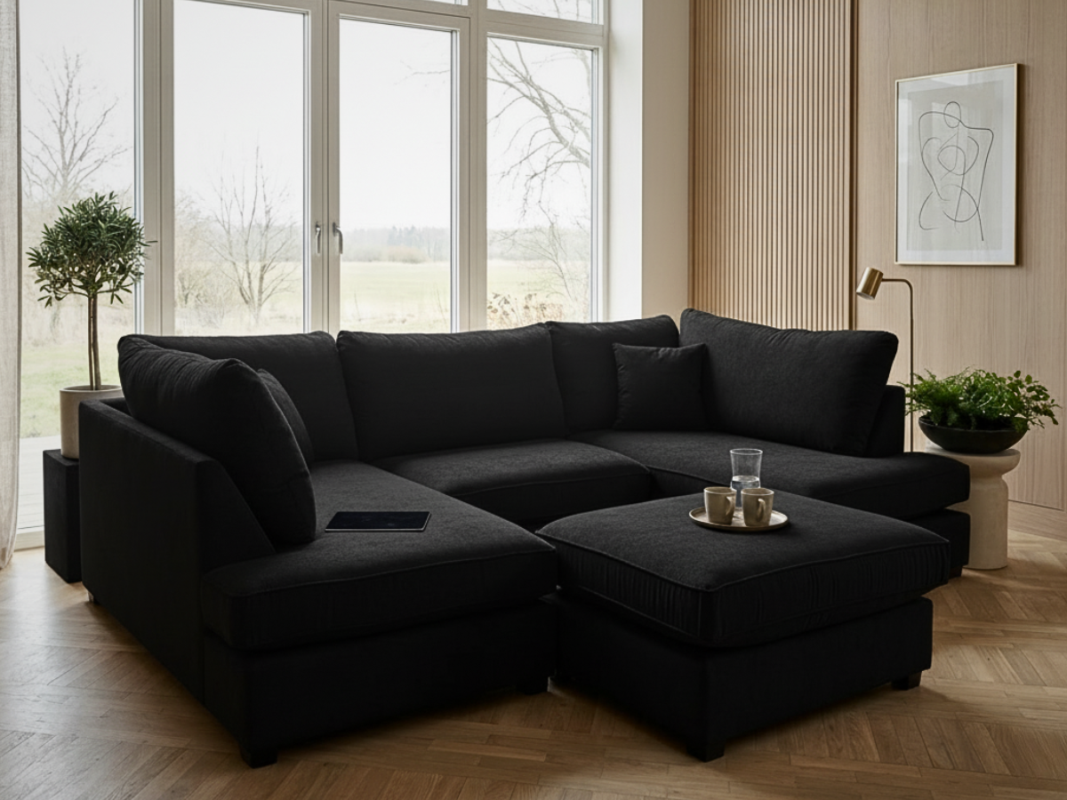 Savoy Black Fabric Corner Sofa
U shape corner sofa with footstool
Black corner sofa
Corner sofa with footstool