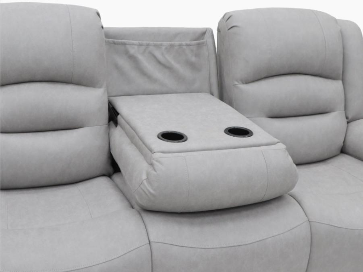 grey leather electric recliner sofa
pull down table with cup holders